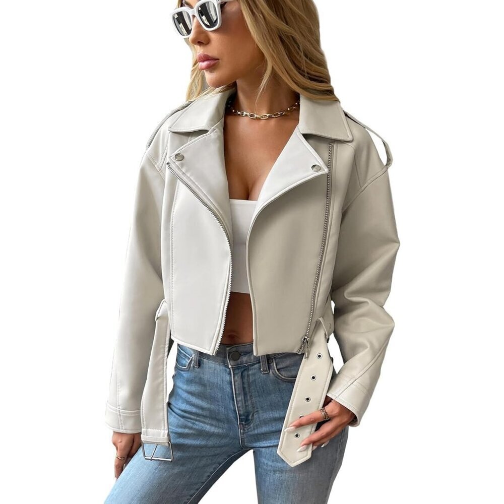 Women's Beige Faux Leather Cropped Jacket Vegan Motor Biker Coat with Belt